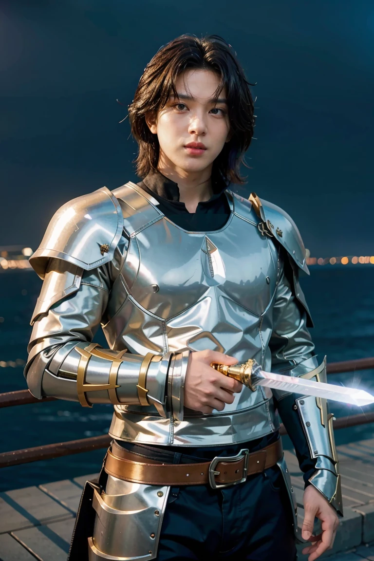 (masterpiece, best quality), A paladin holding a light infused sword, light magic, divine, magewave, silver and gold, 4k, dark cityscape, Fujifilm, 1man,