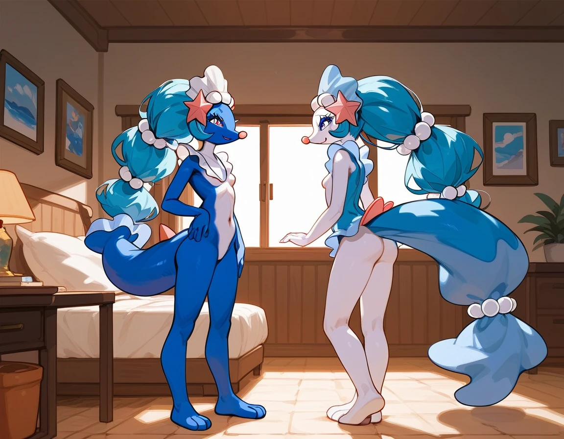 Duo, score_9,score_8_up,score_7_up, (source_furry, an Anthro furry primarina Pokemon girl, standing, indoors, naked