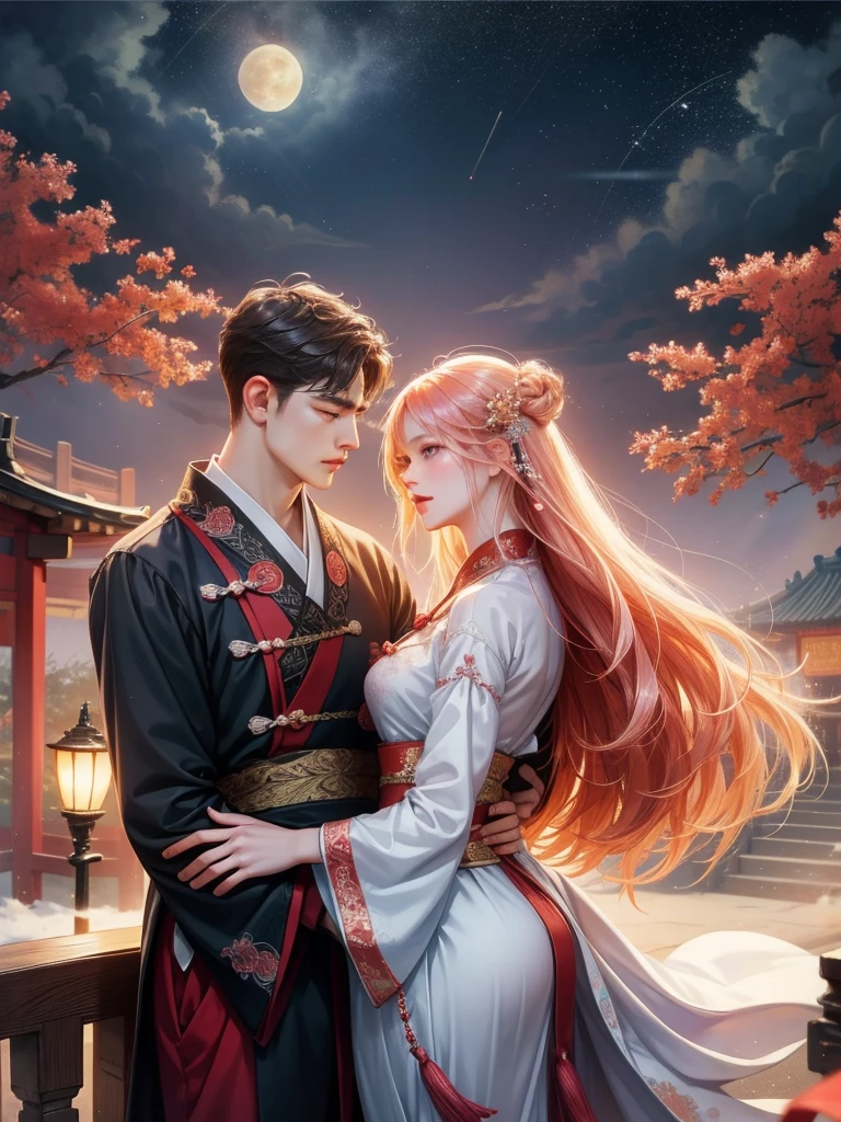 (1 man and 1 woman looking at each other on the arch bridge),Hanfu,Chinese Valentine's Day poster design pattern, Light tones, Red and purple, dreamy scenes, warm color,Huge Moon, Fireworks, Starry sky, Triangular composition, rich details, Faraway view,Chinese traditional painting,Jade,lanscape,auspicious,Light background,Best quality, Pastel,Soft light,4K,ultra-wide-angle,The lens is farther away,in a panoramic view