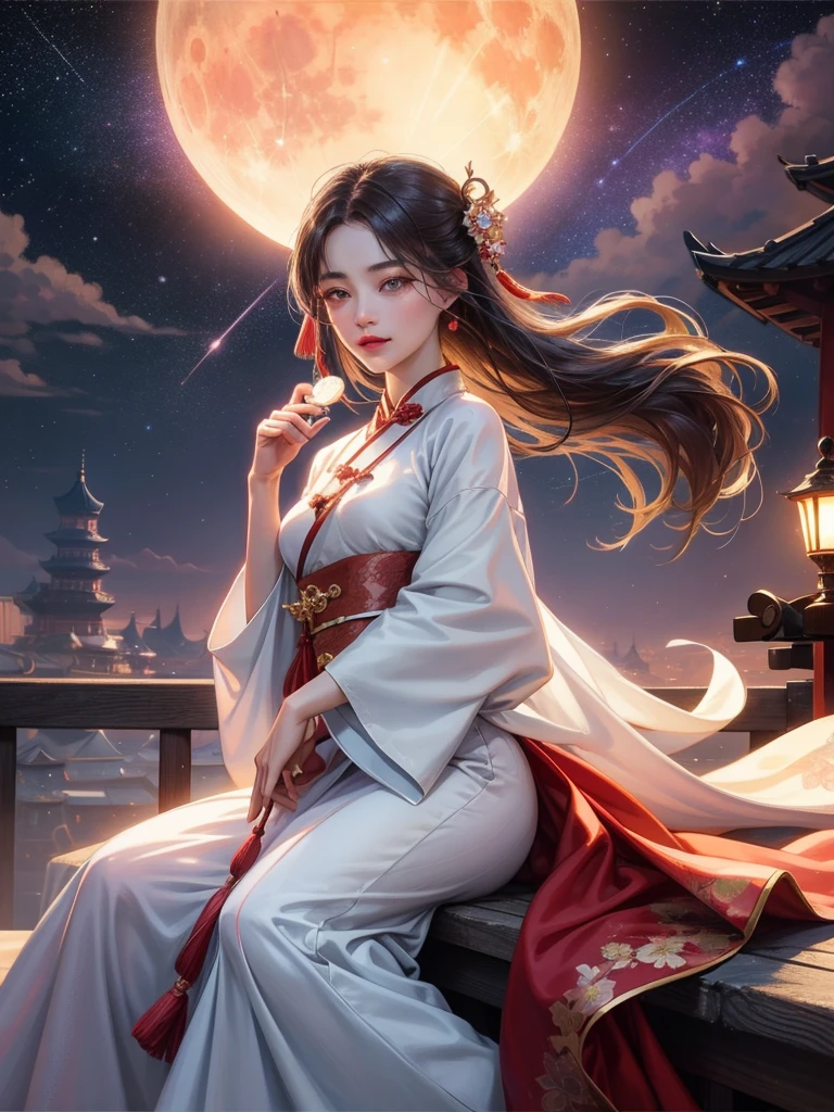 （1 man and 1 woman looking at each other on the arch bridge），Hanfu，Chinese Valentine's Day poster design pattern, Light tones, Red and purple, dreamy scenes, warm color,Huge Moon, Fireworks, Starry sky, Triangular composition, rich details​, Faraway view,Chinese traditional painting，Jade，lanscape，auspicious，Light background,Best quality, Pastel,Soft light,4K,ultra-wide-angle，The lens is farther away，in a panoramic view