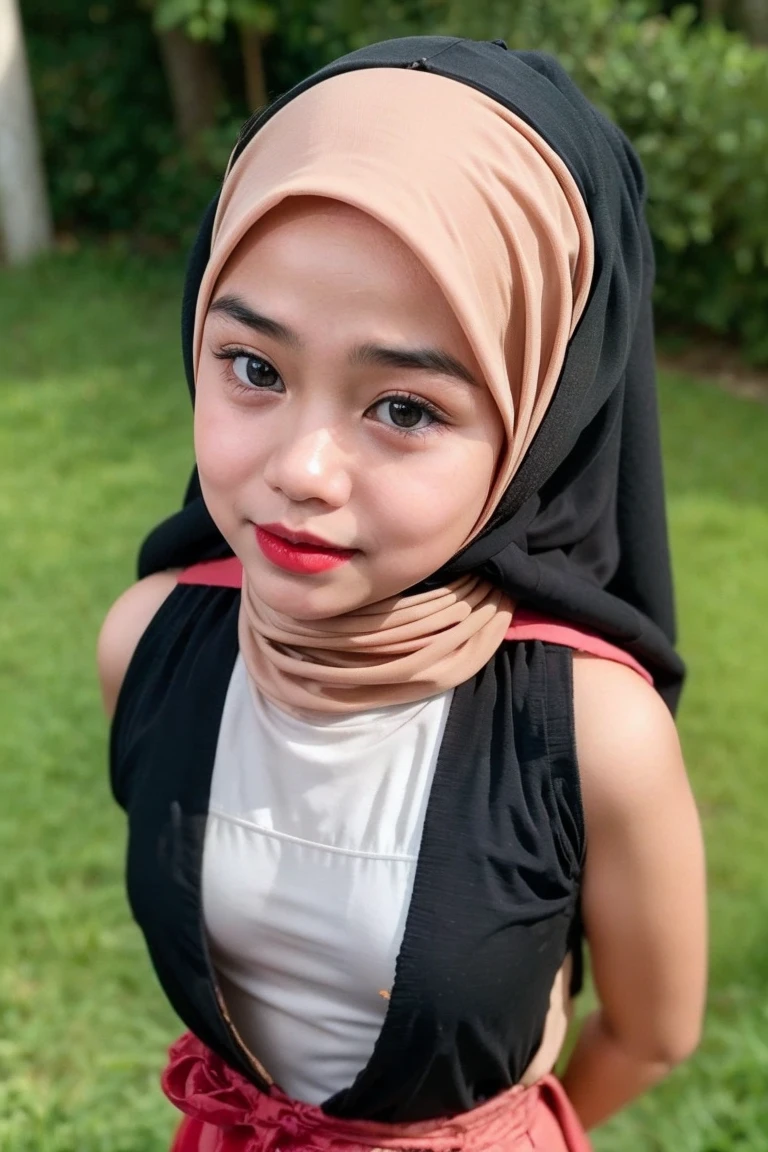 SUSPENDER, (((HIJAB MALAY GIRL))), masutepiece, High quality, UHD 32K, Realistic face, Realistic skin feeling , A Japanese Lady, 8 , , Very cute and baby-like face, (((FLAT CHEST))), (MATRIX WORLD), ((look In front at the camera and SADNESS)), (((CUTE GIRL))), ((RED LIPS)), ((CHUBBY)), (undress, BROWN, flower patterned, (Heavy Breasts)