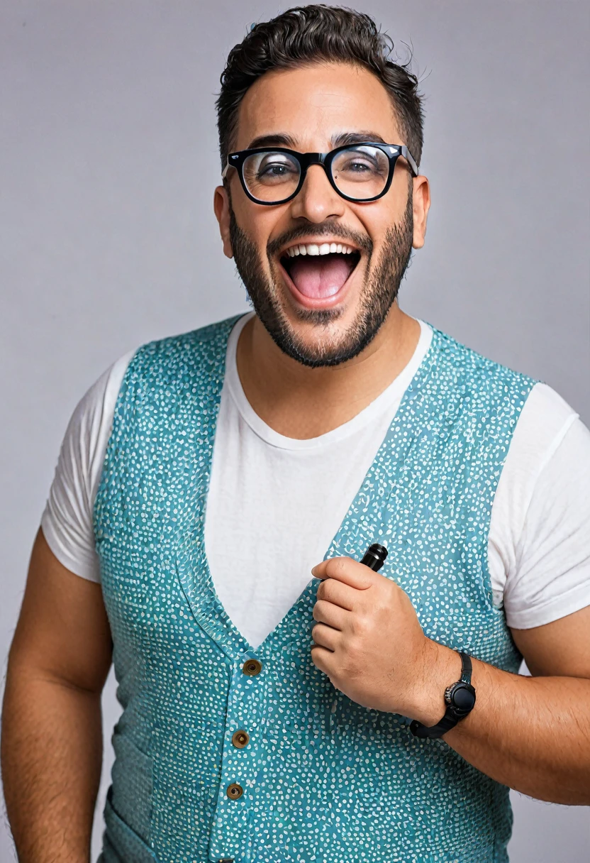 Homem, cineastra, comediante, com microfone, corpo inteiro, happy wearing glasses, roupas descoladas