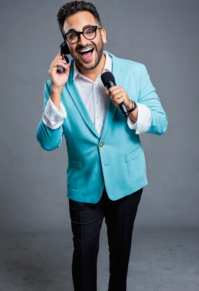 Homem, cineastra, comediante, com microfone, corpo inteiro, happy wearing glasses, roupas descoladas