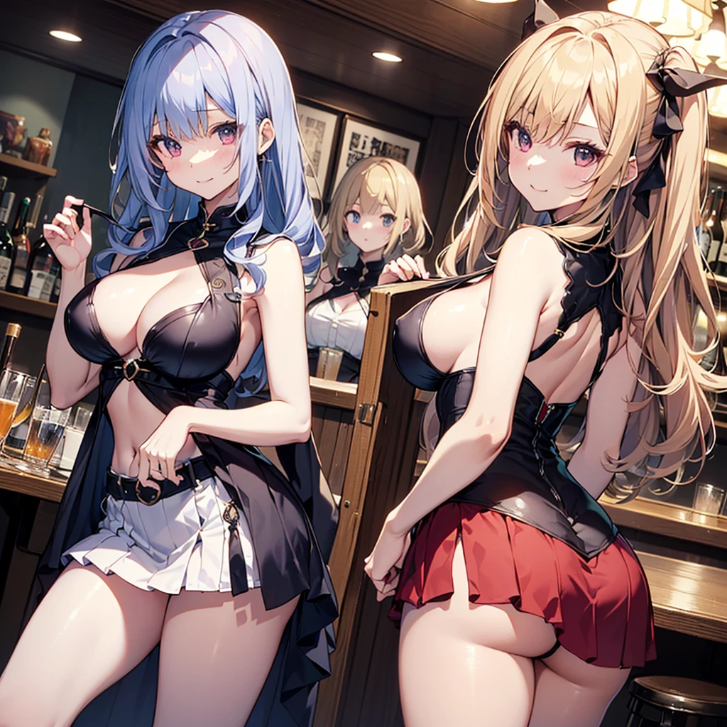 ((((Haremの複数のキャラクターが笑顔で描かれました))))、Large group of female dancers in a medieval fantasy setting、Dragon Quest、 (At the pub), Various Hair Styles, (Harem), night, detailed aspects, Clothes that expose a lot of breasts, Micro Mini Skirt, Seduce, Sleeveless、Showing invisible panties、Large Breasts、A little bigger ass、Waist、Pulling up her short skirt