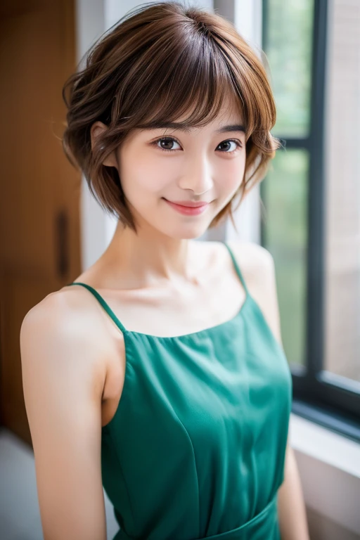 ((Best Quality, 8K, Masterpiece: 1.3)), 1 Girl, Skinny Japanese woman, 30 years old, Slim Abs Beauty: 1.3, (Hairstyle Brown Hair Shortcut, Big: 1.2), Dress: 1.1, Super Slender Face, Delicate Eyes, Double Eyelids, Smile, Home, Raw Photo