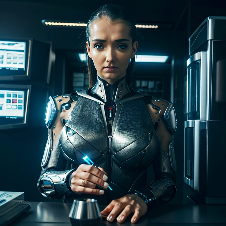a coffee machine transformer, cyborg, office worker, office break room, seduction, lovely cyborg, highly detailed, photorealistic, 8k, cinematic lighting, dramatic lighting, intricate details, futuristic, science fiction, cyberpunk, moody atmosphere, dynamic pose, intense gaze, flawless skin
