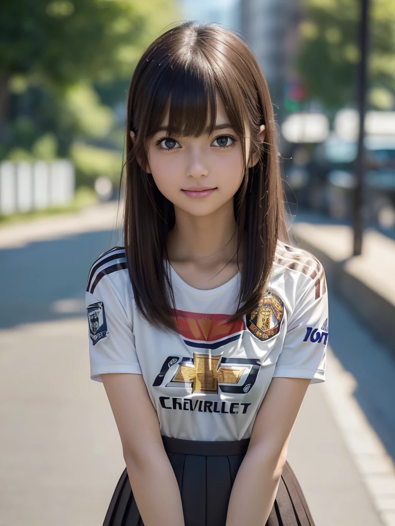 (8k, RAW Photos, highest quality, masterpiece:1.2), (Realistic, photo-Realistic:1.4), (Highly detailed 8k wallpaper), ((Full Body Shot)), (1 girl), Sharp focus, Depth of written boundary, Cinematic lighting, Soft Light, 緻密な美しさのeye, eye_Chan, Very beautiful 17 year old girl, innocent big eyes, Realistic, photo Realistic, Highly detailed cute girl, (Thin thighs), (Model Body Type), (((manchester united soccer jersey))), ((Micro Mini Pleated Skirt)), (((Fold your arms in front of your chest and act arrogantly))), ((A happy smile)), Parted lips, Watching the audience, (On the streets of Britain) , (Brown Hair),(Long Bob Hair), (Asymmetrical bangs)