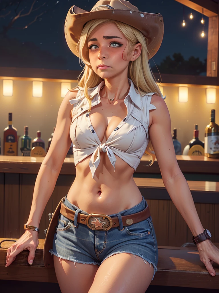 (((1 person:2.0))),(((Cowgirl Costume))),(((Slim Body 1.5))),(((Small Ass))),(((Denim mini skirt))),(((Wear a western hat))),(((Wearing one belt))),(((He is wearing a sleeveless collared shirt, Plaid, Front tie shirt.))),(((Wear an accurate watch))),(((Sandals))),(((Showing cleavage))),(((Showing your belly button))),(((Exposing thighs))),(((Small breasts:1.5))),(((Bare arms))),(((Her hair is blonde))),, Beautiful detailed girl, Very detailed目と顔, 緻密でBeautiful Eyes, Very detailed, High resolution, highest quality, masterpiece, Very detailed, 8k wallpaper, wonderful, finely, highest quality, The light shines on your face,(((Night Bar:1.5))),((indoor)),Beautiful Eyes,(((Blushed:1.5))),(((Cowboy Shot:1.5))),(((Open your mouth:0.5)),(((hiccups:1.5)))