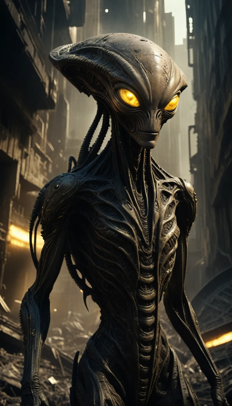 Breathtaking cinematic science fiction stills, Grunge Style, Art by Francesco Hayes, Scenery of (future alien:1.1) and Earth, sunny, Glowing Eyes, dirty, noisy, Edgy, Vignette, CinemaScope, Very detailed, Award-winning