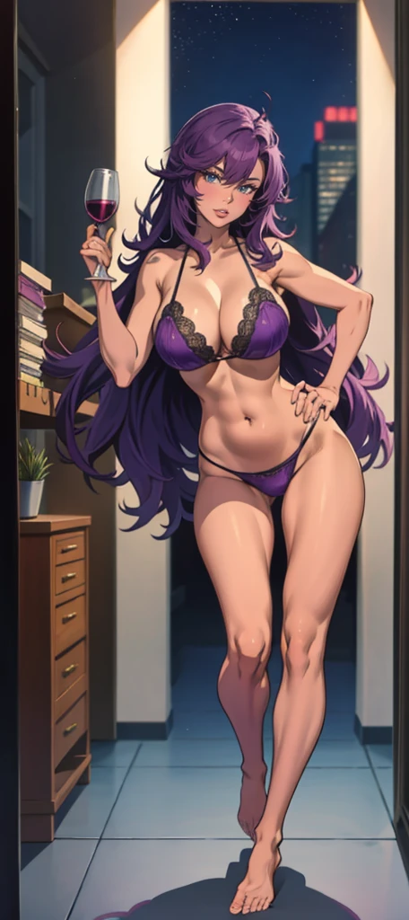 Masterpiece, best quality, Masterpiece, best quality, 1 woman, black skin , Long Lilac Hair , purple hair. , shy , sly face , tubeless shy , purple lace bikini , big breasts , , abdomen , Long legs , Put your hands on your hips.... , One hand holding a wine glass , Barefoot , full body , office room , Office , window , City Pictures , at night