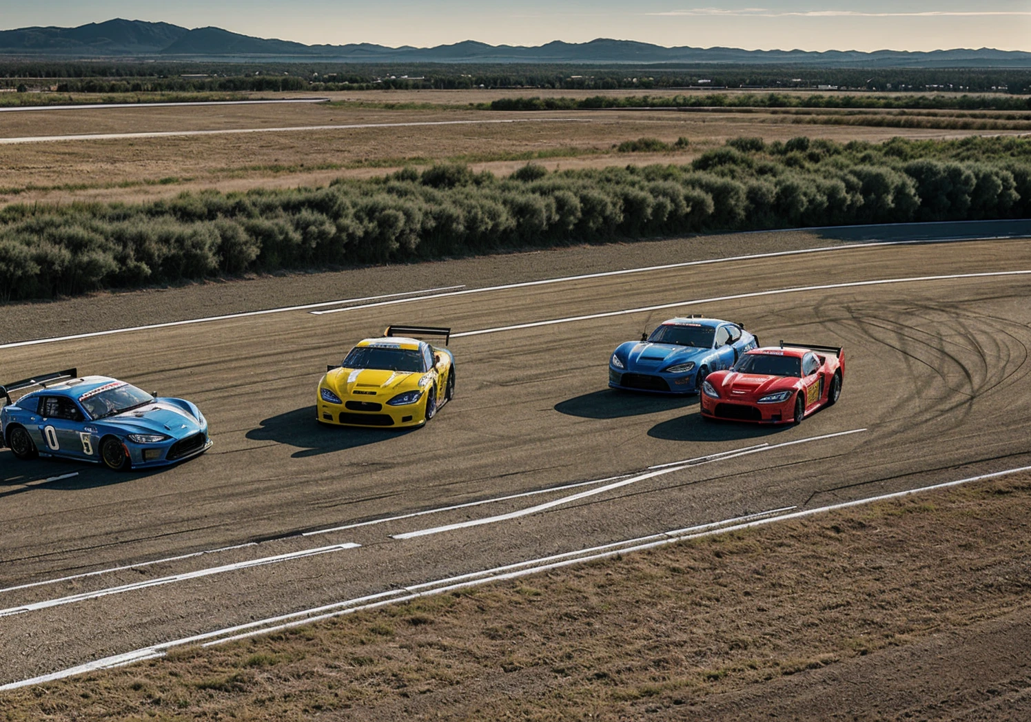 aerial view of a realistic photograph of a sports car race on a Nascar-like racetrack, the cars have different colors in vibrant tones with lines and team markings. highly detailed landscape photography.