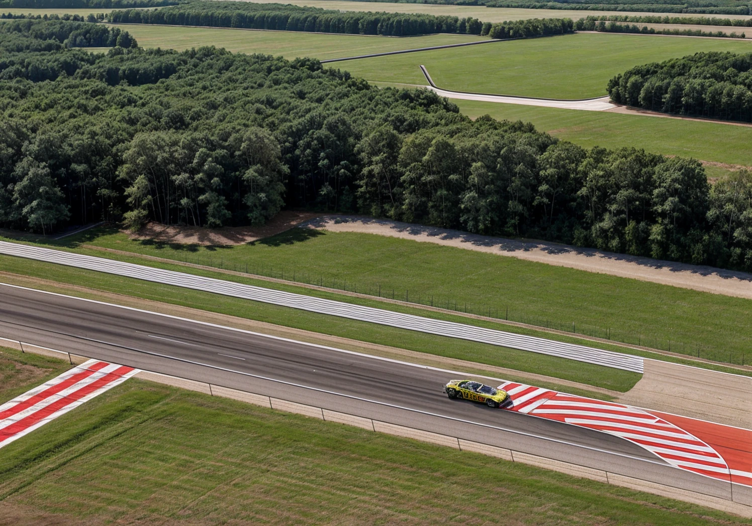 aerial view of a realistic photograph of a sports car race on a Nascar-like racetrack, the cars have different colors in vibrant tones with lines and team markings. highly detailed landscape photography.