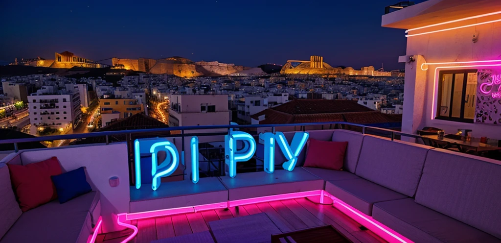 Party poster including the word Party, Athens in neon lights, on a rooftop balcony.