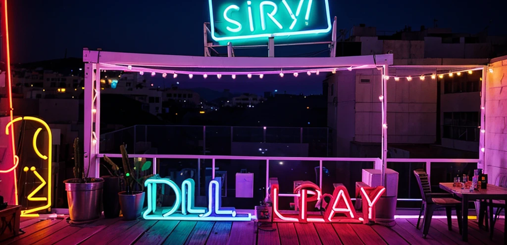 Party poster including the word Party, Athens in neon lights, on a rooftop balcony.