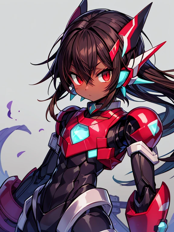 Mythos megaman zero, (((dark skin tone))),dark skin male, femboy, dark skin, cute shota,red eyes, dark brown hair medium hair,wearing a black exoskeleton, red gauntlet's, full armour mecha_musame, close up