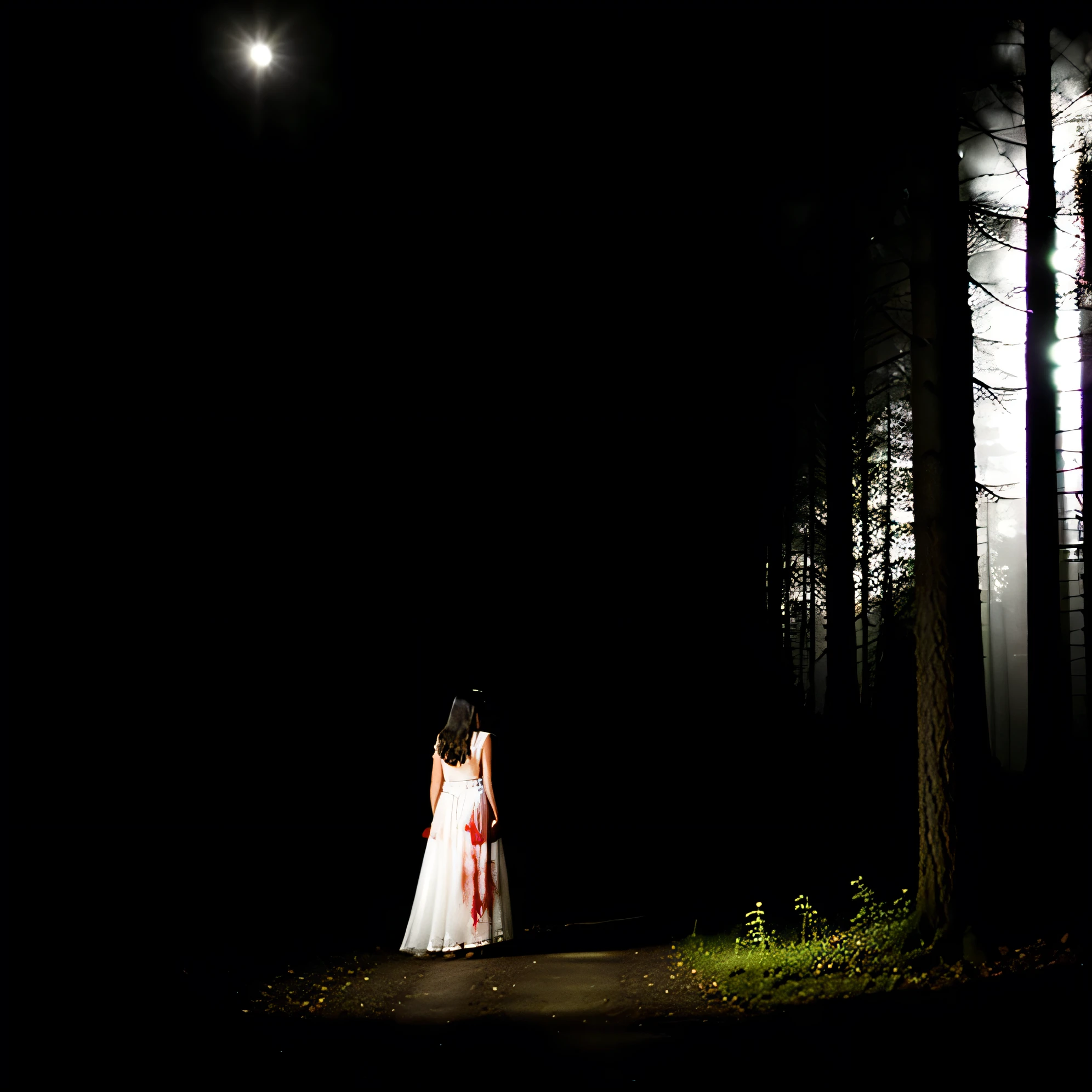 in the forest at night, night, in the dark night, moonshine, a desperate pretty young woman with white (wet torn dress) and (((bloody hands))), her face scratched, fear in her face, dark night,  in a dark forest at night, under moonshine, fullmoon, full body photo, in the night((Best quality)), ((Meisterwerk)), (Detaillierte),((Best quality)), ((Meisterwerk)), (Detaillierte), 