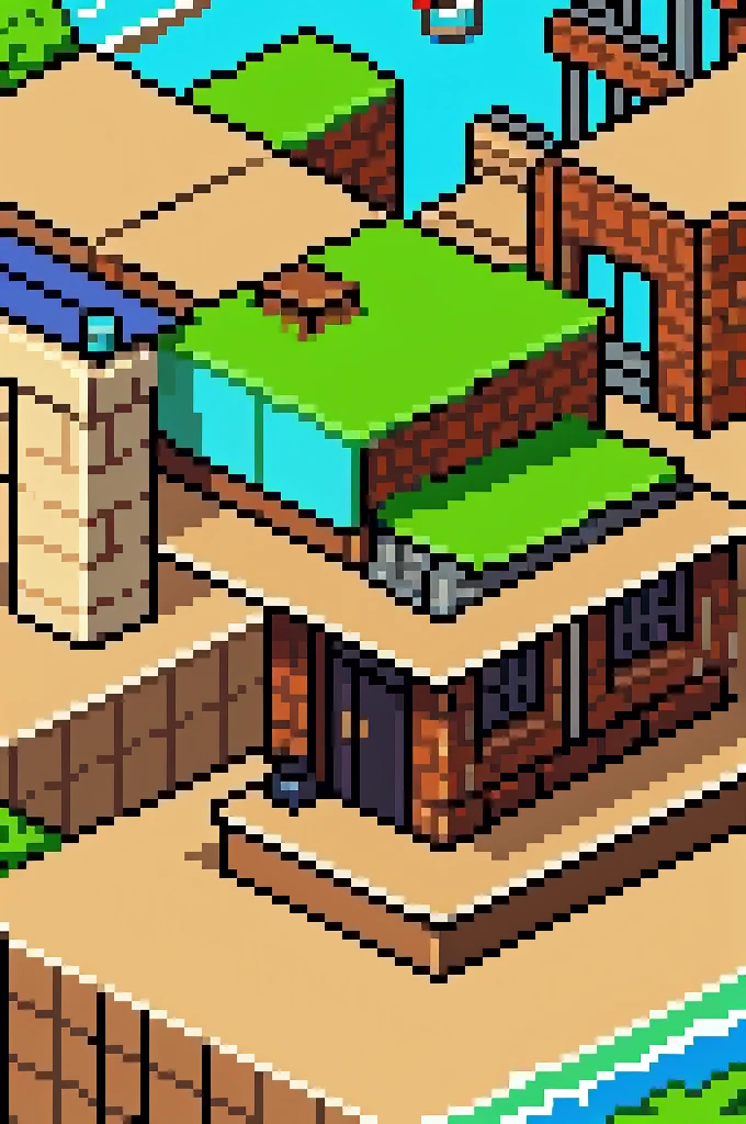 A imaginary tileset summer urban theme for a platform game 2D asset Unity Engine, 16 bits side scroller pixel art style