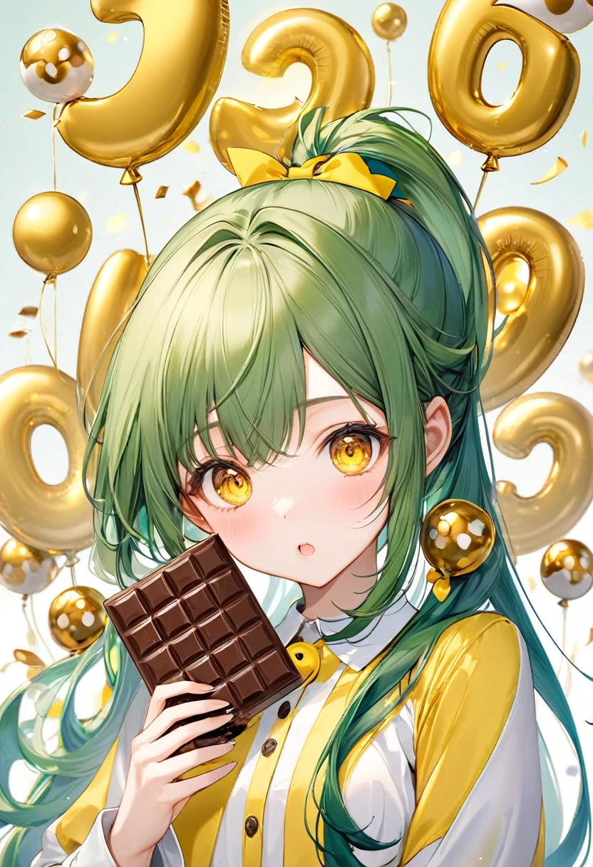 (15 yo, solo ponytail green hair long hair cute girl, cute yellow eyes), (hand holding a shape of number 3:2 for chocolate), perfect anatomy, masterpiece, best quality, 16k, beautiful detailed grow, daydreaming expression.