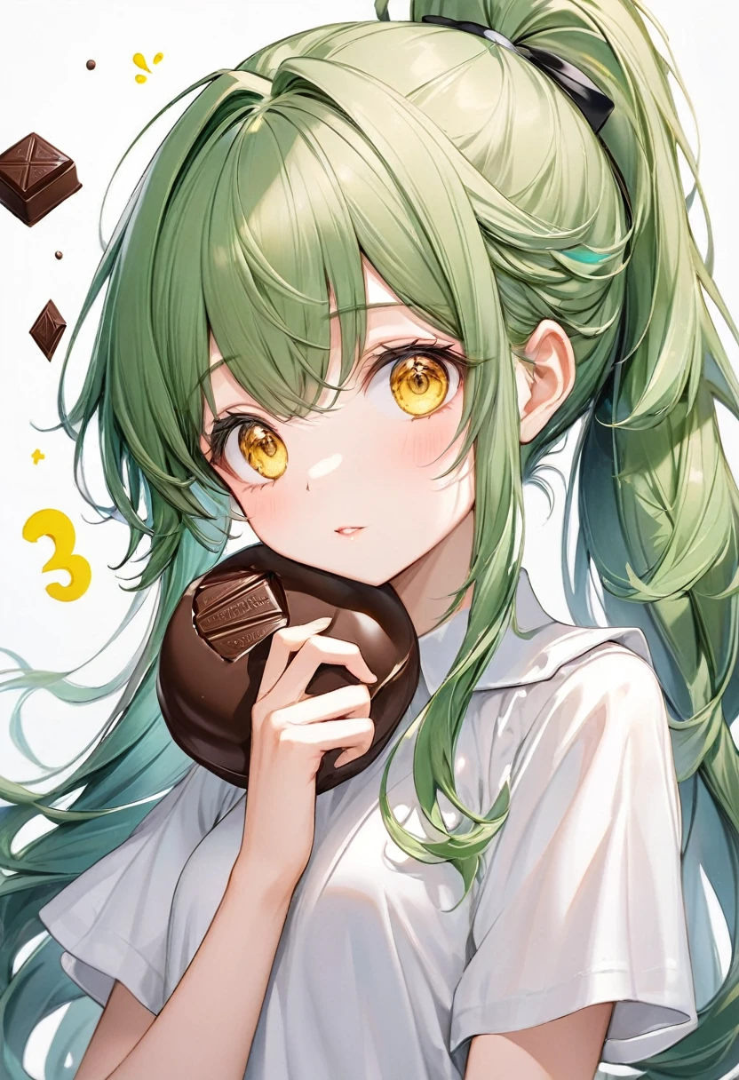 (15 yo, solo ponytail green hair long hair cute girl, cute yellow eyes), (hand holding a shape of number 3:2 for chocolate), perfect anatomy, masterpiece, best quality, 16k, beautiful detailed grow, daydreaming expression.