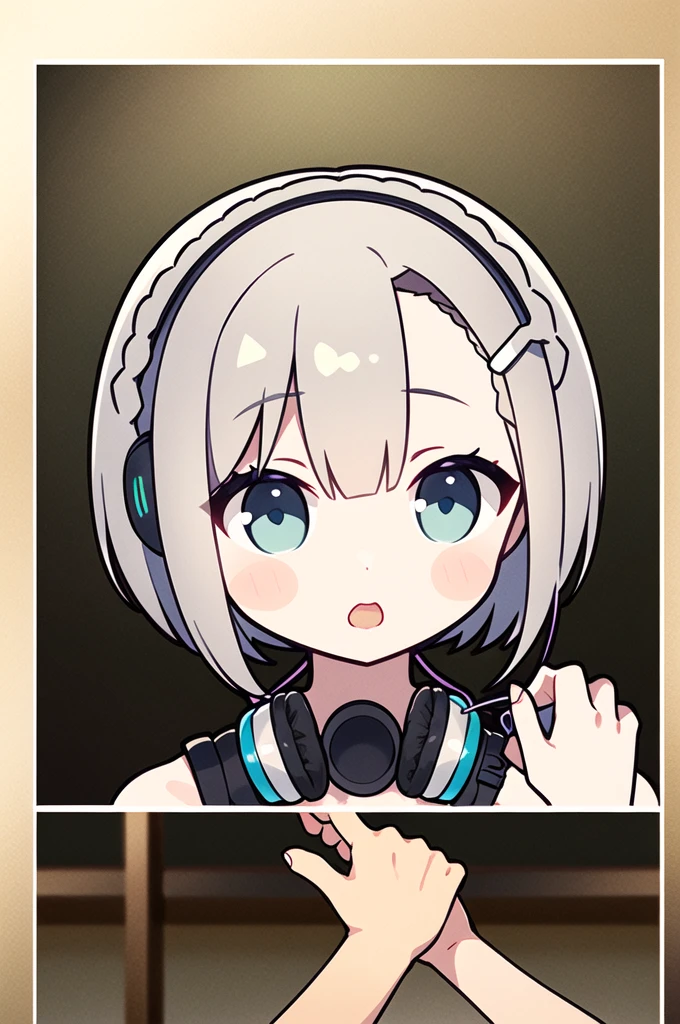highest quality、masterpiece、、Light silver braided short bob hair、、behind-the-head headphones、　naughty、Through the camera
