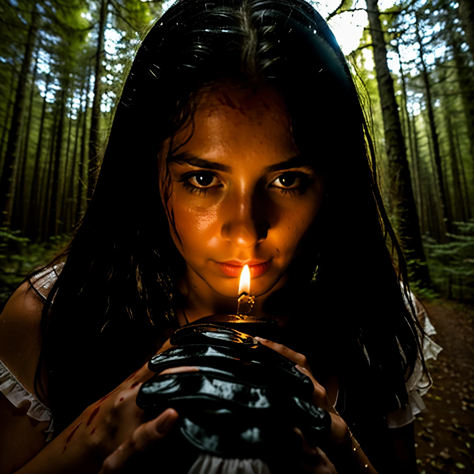 in the forest at night, night, in the dark night, moonshine, a desperate pretty young woman with white (wet torn dress) and (((bloody hands))), her face scratched, fear in her face, dark night,  in a dark forest at night, under moonshine, fullmoon, full body photo, in the night((Best quality)), ((Meisterwerk)), (Detaillierte),((Best quality)), ((Meisterwerk)), (Detaillierte), 