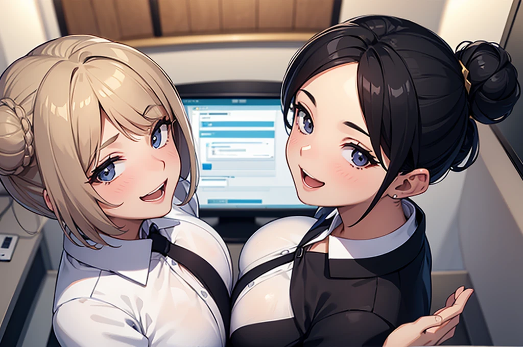 two sexy bubbly and cheerful women in office outfits, kneeling, short, bun tied black hair, happy opened mouths, portrait, close up faces, view from above