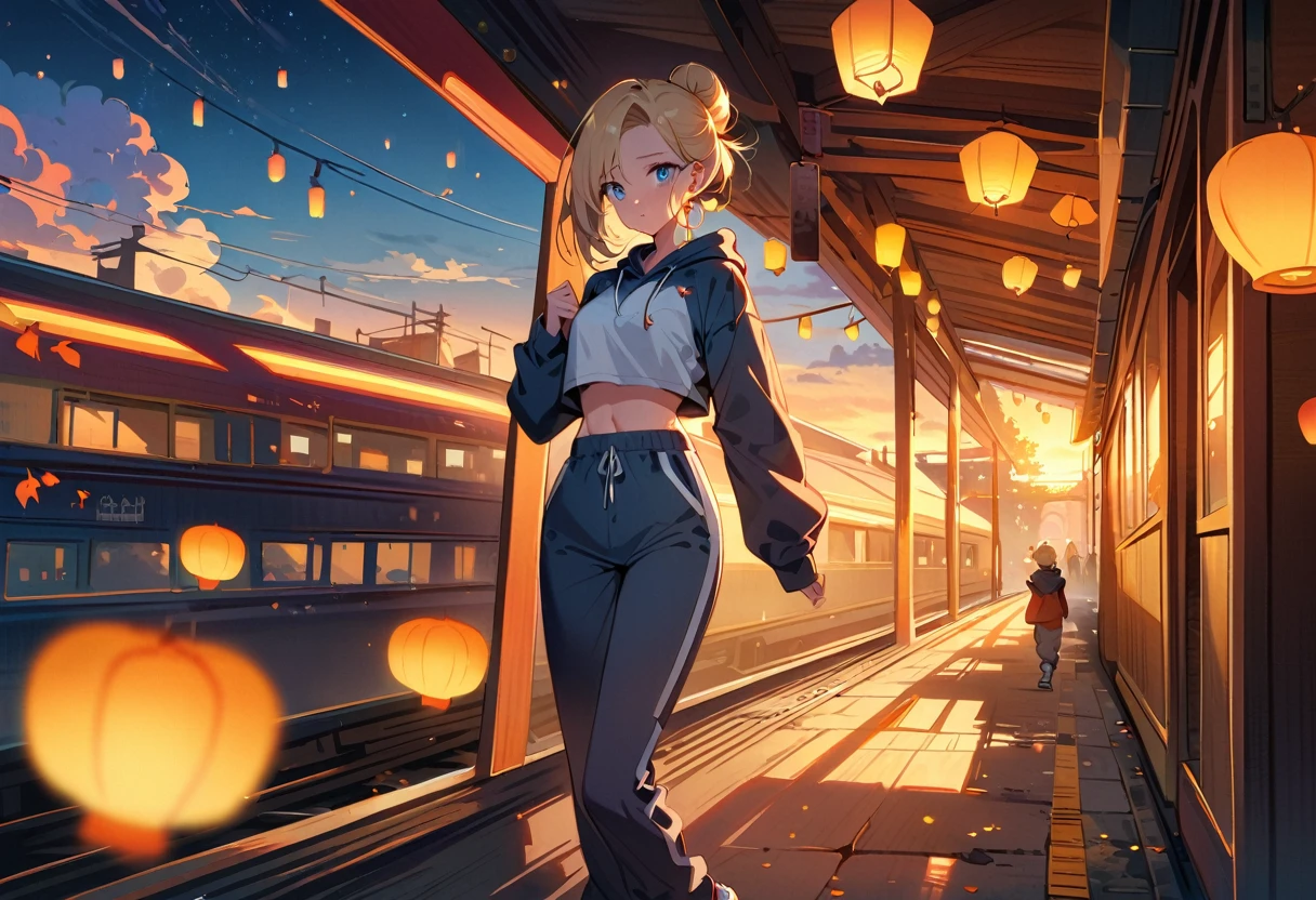 (masterpiece, best quality:1.2), solo, Android 18 from Dragon Ball, (light gray top), ((slip-on crop top)), ((long sweatpants)), ((light grey sweatpants)), (hooded jacket), thighs, midriff, small breasts, blonde hair, (single hair bun), ((blue eyes)), earrings on earlobes, slender feminine figure, narrow waistline, skinny body, long legs, tears of emotion, tearing up, train station platform, countless sky lanterns drifting in evening sky, night, fair weather, dreamlike, surreal, fantastical, the Lantern Festival, magnificent view, blur background, 4K