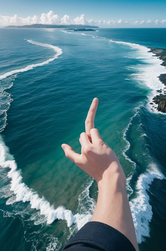 hand of God pointing to land beyond the sea