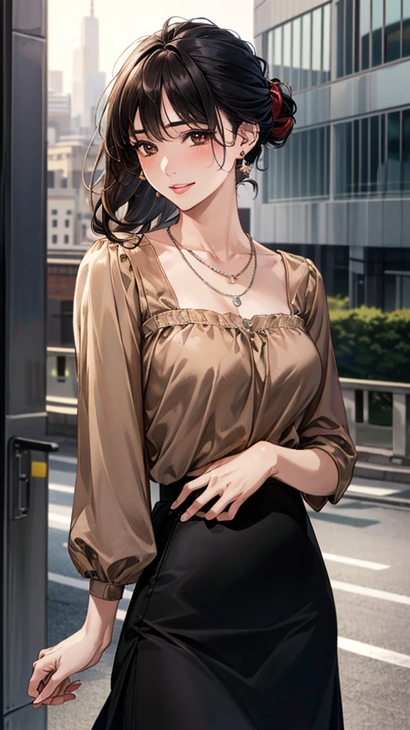 (masterpiece:1.3, highest quality, Ultra-high resolution, Super detailed), (Realistic, photoRealistic:1.4), Beautiful illustrations, Perfect lighting, colorful, Depth of written boundary,
Beautiful detailed hair, Beautifully detailed face, Beautiful fine details, Beautiful clavicle, Beautiful body, Beautiful breasts, Beautiful thighs, Beautiful feet, Beautiful fingers,
View Viewer, Front view:0.6, 1 girl, Japanese, Female college student, Perfect Face, (Perfect Anatomy, Anatomically correct), Cute and symmetrical face, Baby Face, , Shiny skin,
((Brown blouse:1.4, Black long skirt:1.4)),
(Black Hair, Updo Hair:1.4), Brown eyes, Long Eyelashes, (Medium chest), thin,
necklace, Earrings,
(Beautiful views), evening, (city, cityscape in the distance), Are standing, (Place your hand on your chest), (Smile, Lips parted),