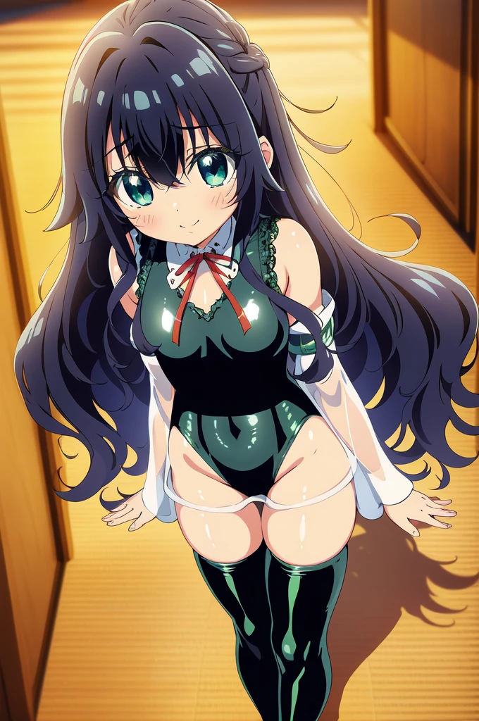 1girl,solo,full body,standing,black hair, long hair, bangs,hair between eyes, wavy hair,blue eyes,(beautiful fingers:1.4),(perfect anatomy:1.4),(arms_behind_back:1.4),(cold_shoulder:1.2),(green leather lace glossy silk lamé leotard:1.4),(latex luster shiny glossy metallic:1.4),(shiny_clothes:1.4),small breasts,masterpiece,best quality,(Ultra high definition eyes:1.2),8k,(Beautiful detailed eyes:1.2),(Fine and beautiful eyes:1.2),(pretty eyes:1.2),finely detail,extremely CG, absurdres,high resolution,illustration,Detailed and beautiful outlines,finely detail,high resolution,(colorful refraction:1.4,Increase saturation:1.2),beautiful lighting,dynamic lighting,closed room,black background,simple background, smile,looking at viewer,Shizuka Yoshimoto,100kano,red ribbon, neck ribbon, armband, green sweater vest,(white Clear PVC sheets sleeves:1.4),(sheer sleeves:1.4),(see-through sleeves:1.4),(wide sleeves:1.2),(green thigh boots:1.2)
