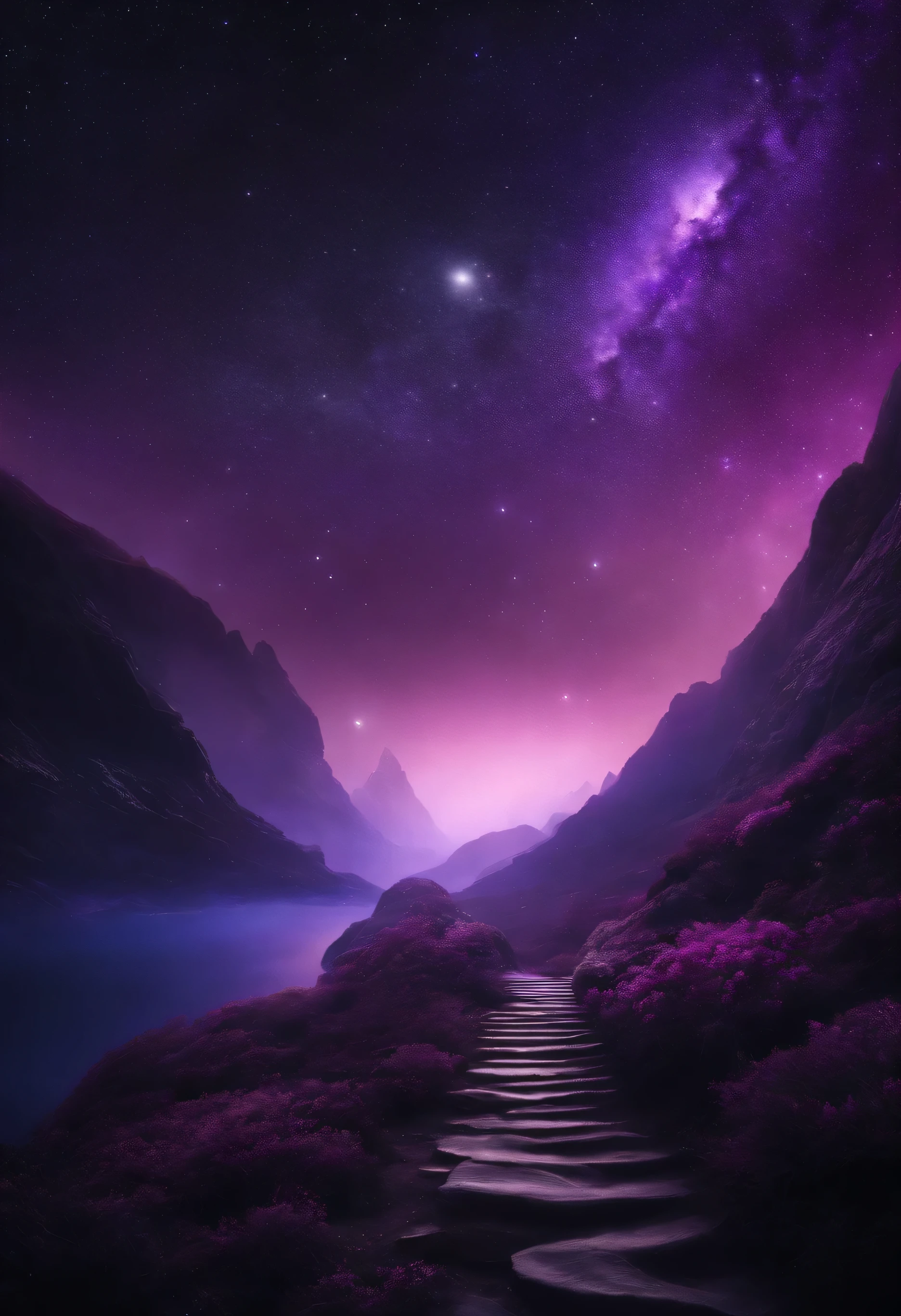 Create a black galaxy landscape with purple details in the universe