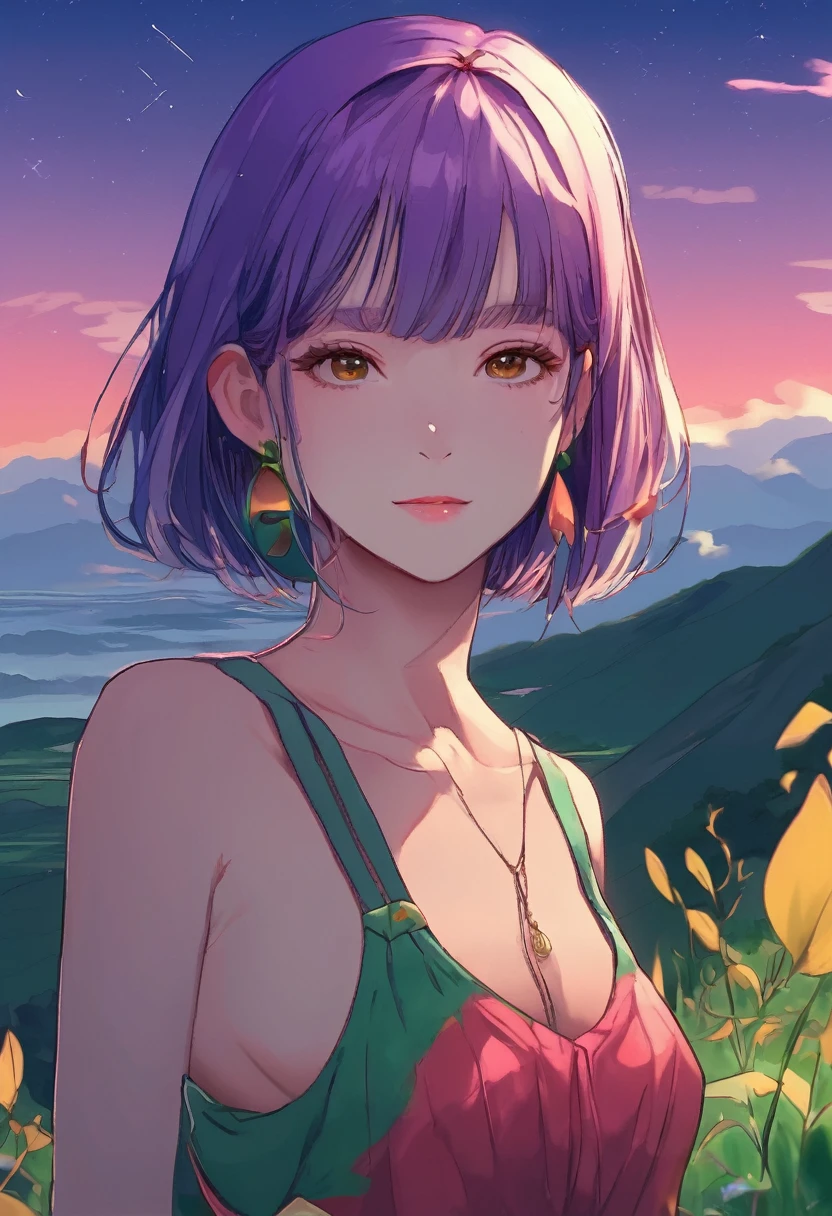 One girl, bangs,is short、sea-green Tank top、Red and blue gradient hair, 満moon、evening, ginkgo leaf, Slope, Slope background, Slope sky, Tank top、bangsis short、 Long Hair, moon, Spring Green Background, Purple Sky, alone, sunset, Twilight, Upper Body, Green background, crimson sky, Malachite's Theme, Pop Surrealism , Highest quality、Drawing paper texture、pop surrealism
pop art
drawing、Detailed girl's face drawing