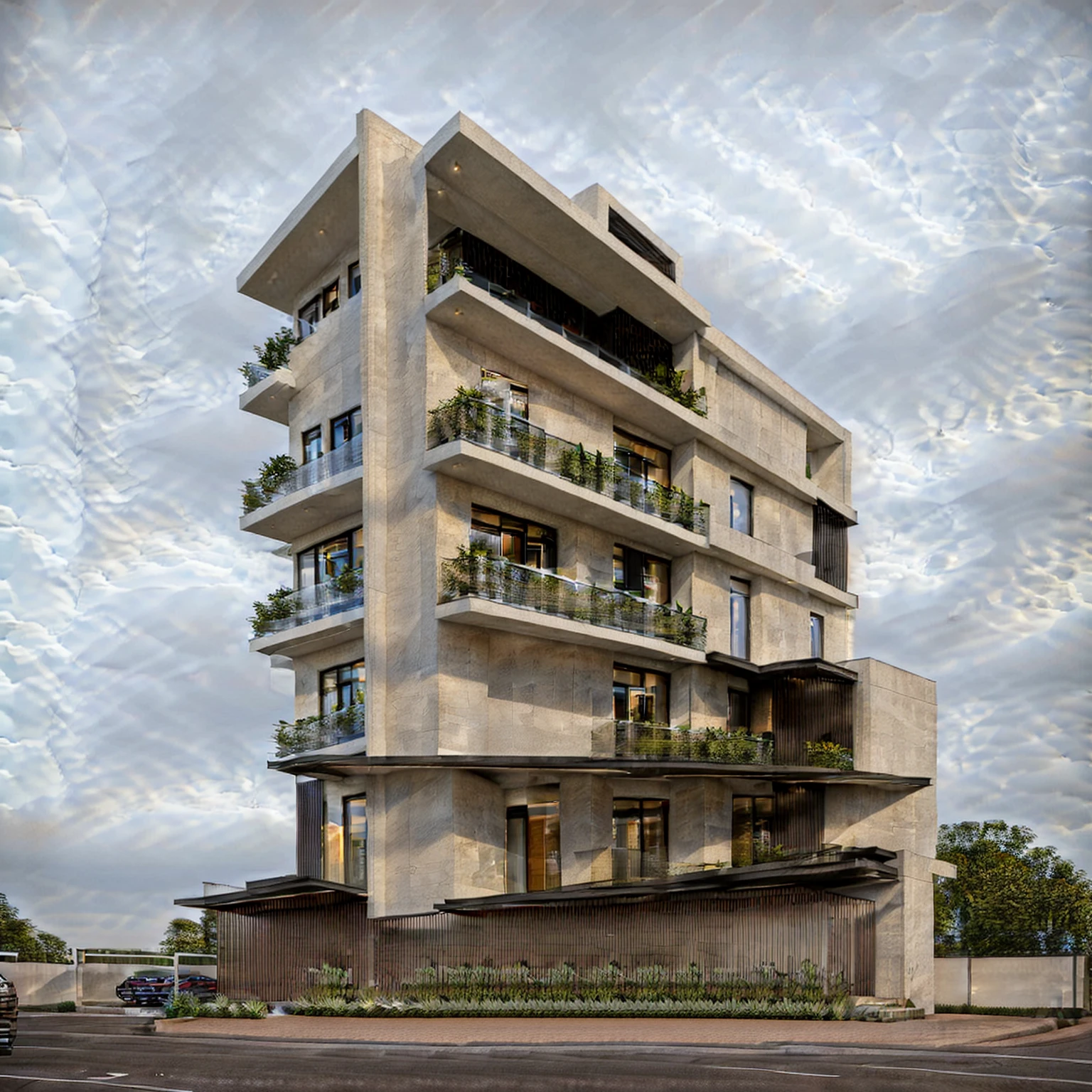 a drawing of a building with balconies and balconies on the top, multistory building, building facing, perspective view, isometric perspective view, realistic building, extreme three point perspective, three point perspective, an extremely detailed building, architectural rendering, elevation view, flat perspective, street elevation, 3 d perspective, 3 point perspective, 3 d point perspective