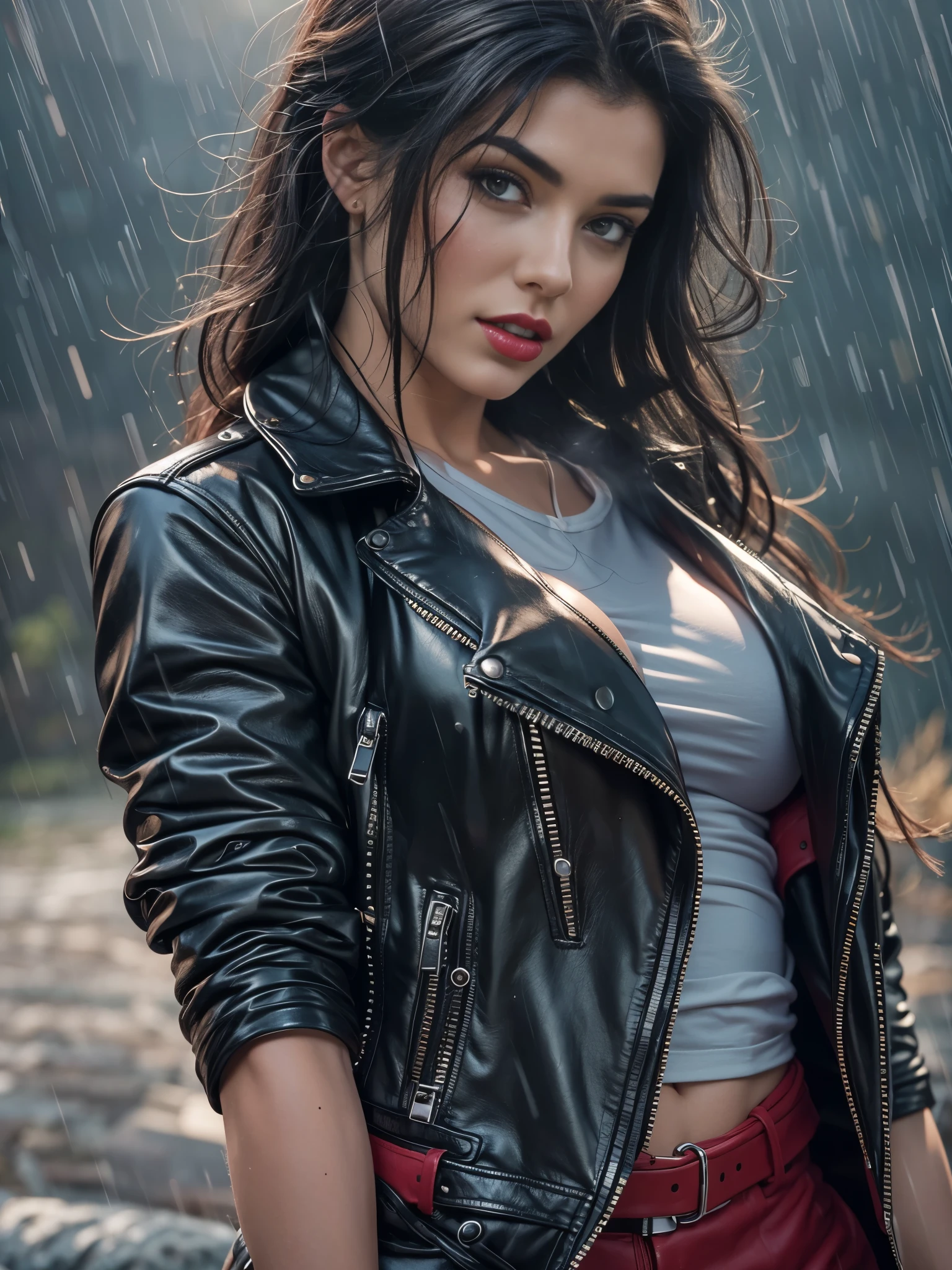(Photorealistic. Masterpiece) An ultra hot gorgeous European woman. Age 23. Black wet hair. Red lips. Nude.black leather jacket. Extra large breast. Heavy rain. Flirting with camera.