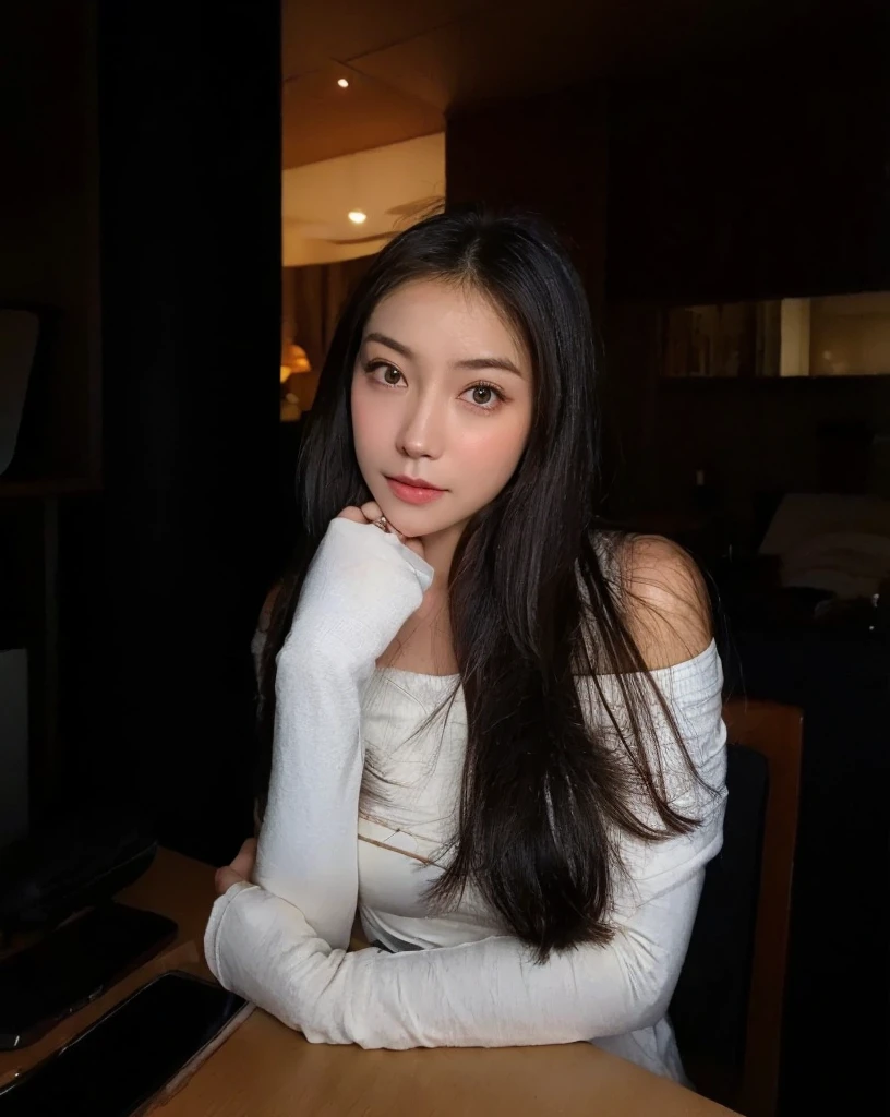 (best quality,8k,highres,masterpiece:1.2), realistic, photorealistic:1.37, UHD, studio lighting, sharp focus, extreme detail description, professional, vivid colors, bokeh, portraits, extremely detailed face texture, beautiful detailed eyes, beautiful detailed lips, extremely detailed hair, dark colored hair, youthful appearance, big round breast, cleavage, proportional eyes, seducing smile, clean and natural face, no makeup, bare face, indonesian face,