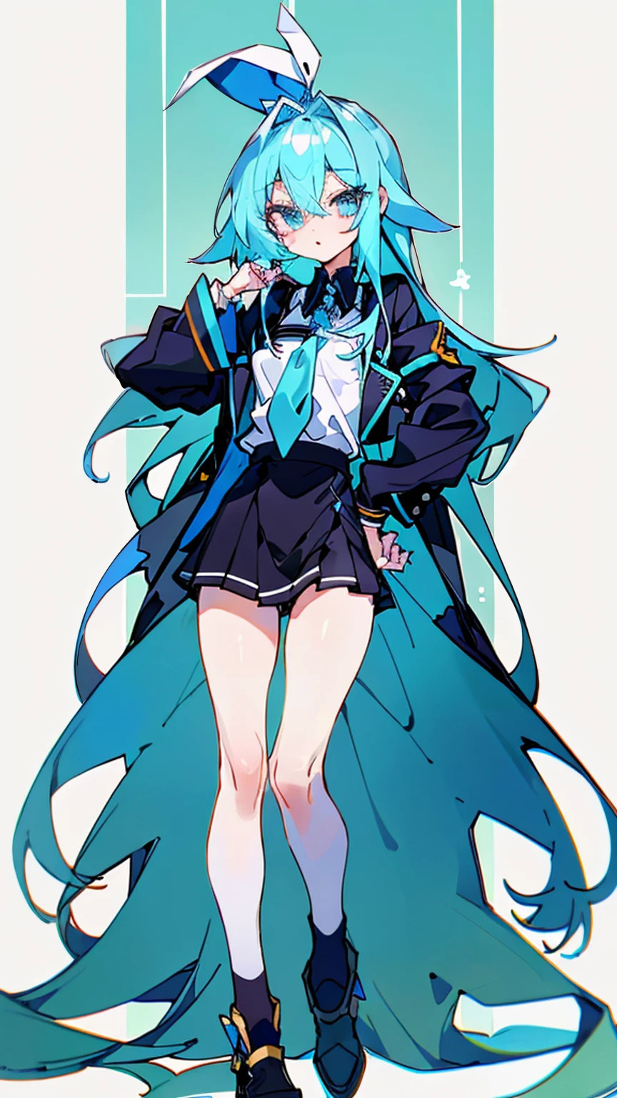 masterpiece, 最high quality, high quality, High resolution, One girl, alone, Aqua (KonoSuba), Blue Hair, Long Hair, blue eyes, White shirt ,Long white coat, Black office skirt, Knee socks, whole body, Are standing, Put your hands in your pockets, boredom, Depth of written boundary, Research Room,