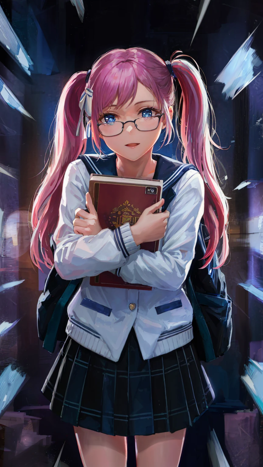 ((top-quality)), ((masterpiece)), ((ultra-detailliert)), (Extremely delicate and beautiful), girl with, solo, cold attitude,((Black jacket)),She is very(relax)with the(Settled down)Looks,depth of fields,Evil smile,Bubble, under the water, Air bubble,Underwater world bright light blue eyes,inner color with bright gray hair and light blue tips,,,,,,,,,,,,Cold background,Bob Hair - Linear Art, shortpants、knee high socks、White uniform like 、Light blue ribbon ties、Clothes are sheer、Hands in pockets、Bright eyes like sapphire,Fronllesse Blue, A small blue light was floating、fantastic eyes、Angle of view when taking selfies