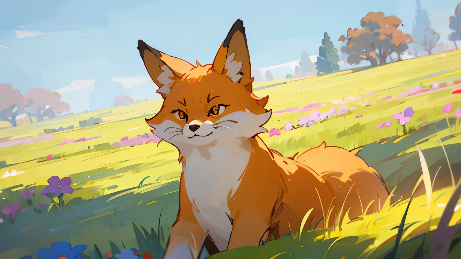 smiling cartoon fox on a meadow
