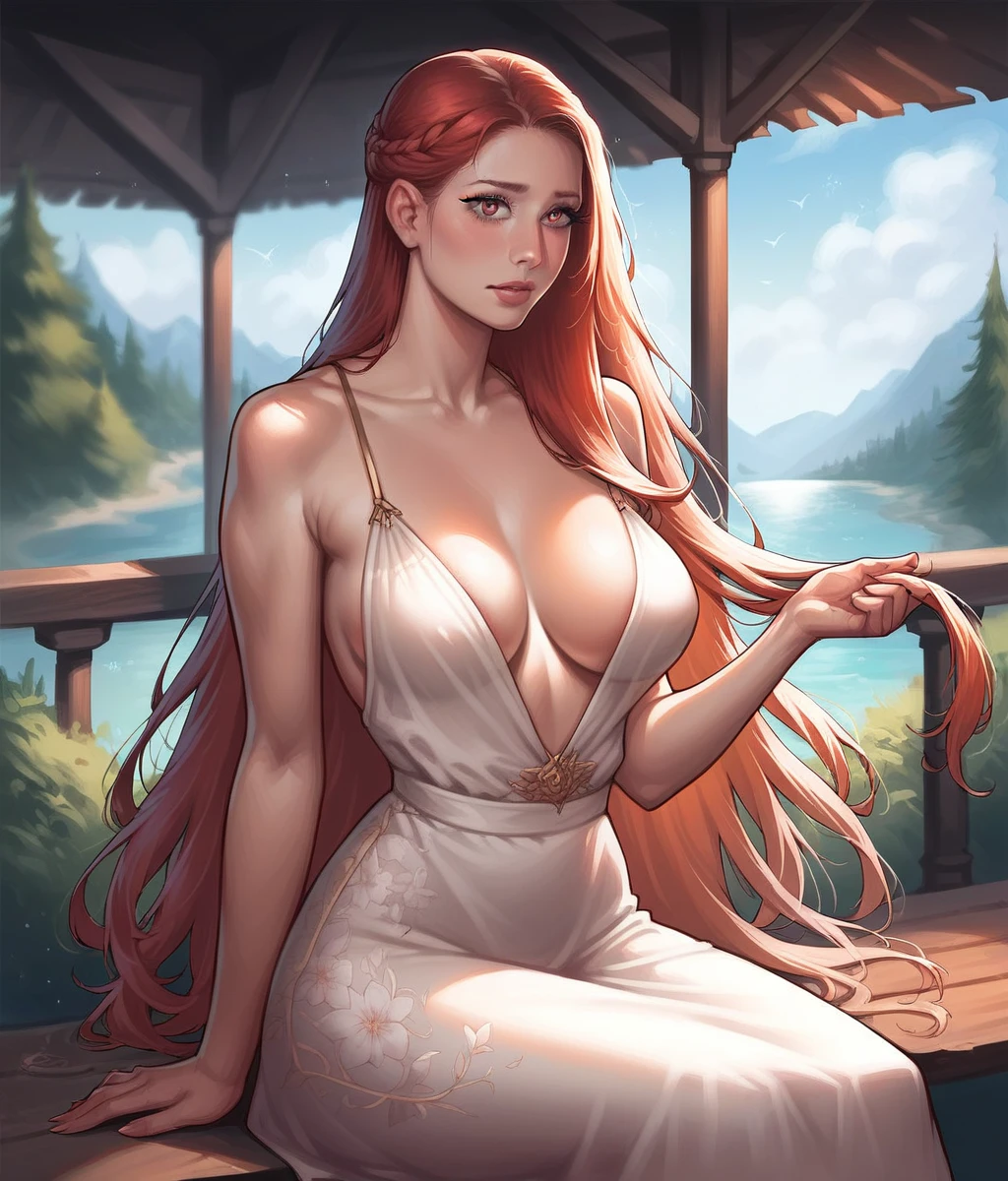 uploaded e621, score_9, score_8_up, score_7_up, score_6_up, score_5_up, score_4_up, rating_safe, smooth, source_furry, {realistic}, Beautiful sensual woman with a curvy body, long hair, bangs, french braid, wide waist, fitting breasts, curvy accentuated booty, sparkling eyes, long eyelashes, Strong calves, shy Look, taniaayusiregar, beautiful long flowing floral summer dress, sitting on a bench, small Mountain village, photorealistic, Masterpiece, bokeh, Volumetric lighting, summer atmosphere
