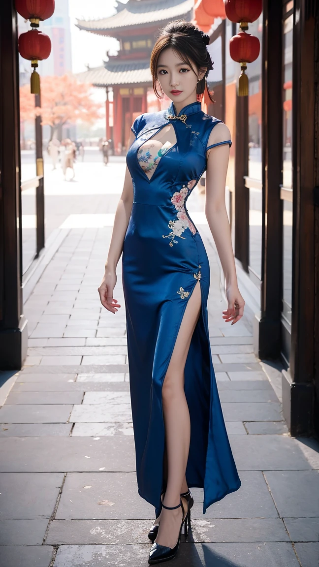 Full body of a girl standing in a Chinese palace square,Standing whole body,Wearing a long, sexy qipao,A fitted qipao,Long side slits up to waist height,You can see her string panties through the slit,Bewitching Girl,Long eyelashes,double eyelid,Detailed eyes,Large Breasts,Small waist,Attractive thighs,Long legs,Perfect proportions,Perfect body,Anatomically accurate body,I am looking at this,Thin fabric cheongsam,Cleavage,