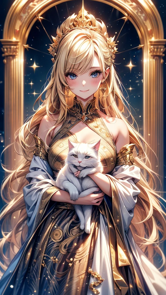 Highly Detailed CG Unity 8K Wallpaper, pretty girl, Mature blonde girl, Half Up,beautiful girl, Hot Maiden, Pale skin (super masterpiece, Fantasy art with intricate detail:1.5，Beautiful person, Well detailed face polluted smile, Her flat chest is completely hidden by her dress、Realistic, Surreal), Pray to the stars,A girl holding a cute white cat in her arms