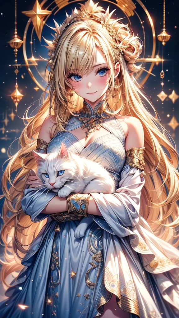Highly Detailed CG Unity 8K Wallpaper, pretty girl, Mature blonde girl, Half Up,beautiful girl, Hot Maiden, Pale skin (super masterpiece, Fantasy art with intricate detail:1.5，Beautiful person, Well detailed face polluted smile, Her flat chest is completely hidden by her dress、Realistic, Surreal), Pray to the stars,A girl holding a cute white cat in her arms