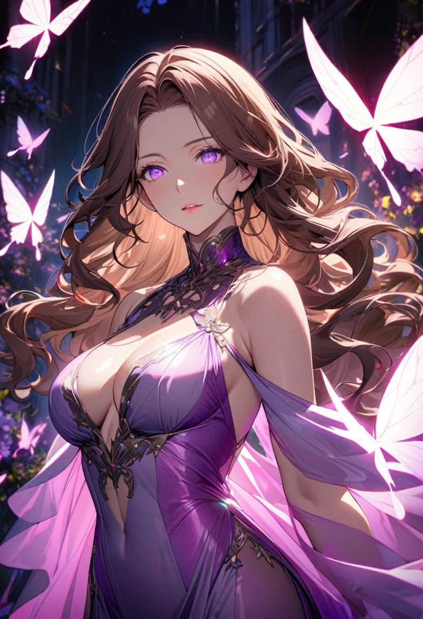 girl, brown hair, wavy hair, long hair, glowing purple eyes, magical silk fabric, mature woman, gorgeous, beautiful background, super detail, beautiful color, glowing butterfly, angel, main face, front face