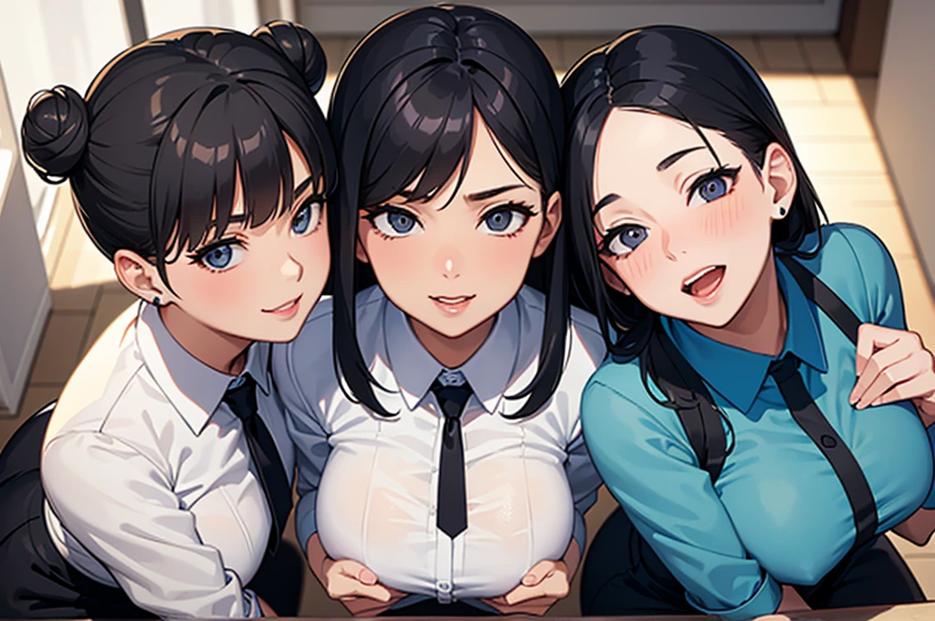 two sexy bubbly and cheerful women in office outfits, kneeling, short, bun tied black hair, seductive opened mouths, portrait, close up faces, view from above