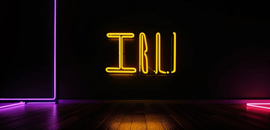 party neon sign in black background, with reflections on the floor.