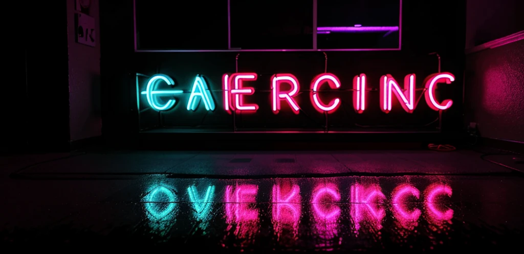 party neon sign in black background, with reflections on the floor.