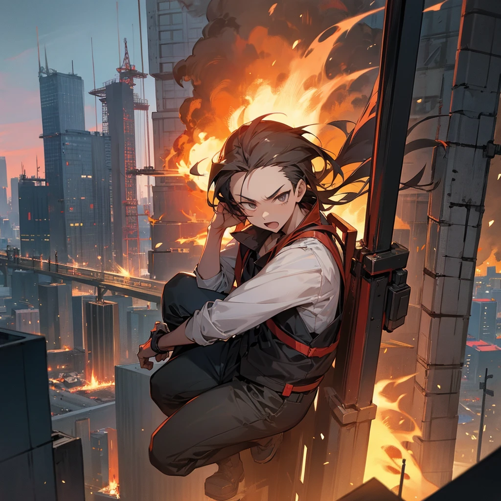 Anime Apocaliptic Man, Construction site, city on fire background