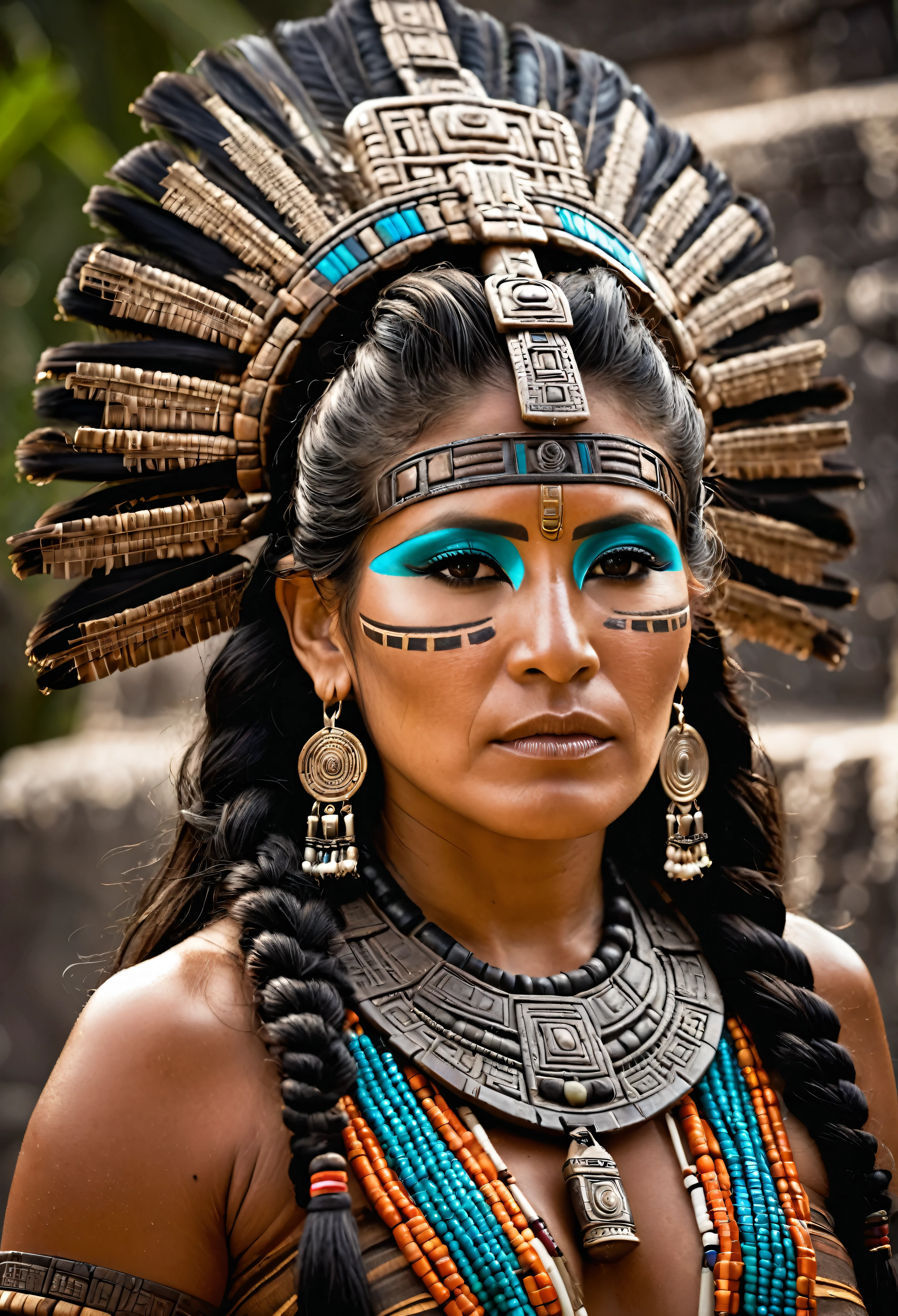 A 45-year-old Mayan woman, intricate , see-luscious hair is depicted in a stunning, award-winning photography. The scene features a beautiful, detailed, and oily skin, with a dark makeup, jewelry, and a beautiful face, all set against a backdrop of a Mayan temple and Aztec pyramid.