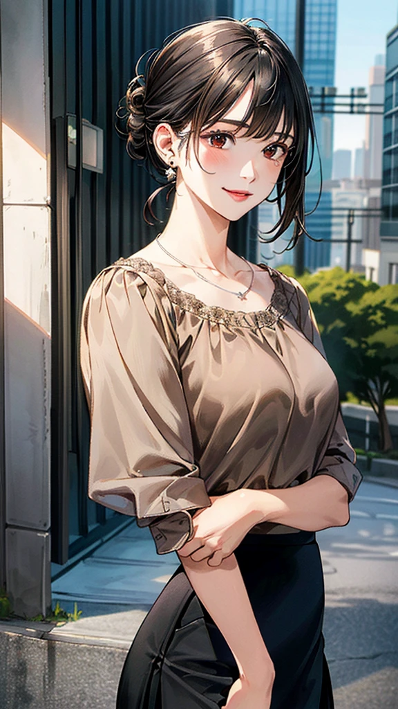 (masterpiece:1.3, highest quality, Ultra-high resolution, Super detailed), (Realistic, photoRealistic:1.4), Beautiful illustrations, Perfect lighting, colorful, Depth of written boundary, 
Beautiful detailed hair, Beautifully detailed face, Beautiful fine details, Beautiful clavicle, Beautiful body, Beautiful breasts, Beautiful thighs, Beautiful feet, Beautiful fingers, 
View Viewer, Front view:0.6, 1 girl, Japanese, Female college student, Perfect Face, (Perfect Anatomy, Anatomically correct), Cute and symmetrical face, Baby Face, , Shiny skin, 
((Brown blouse：1.4, Black long skirt:1.4)), 
(Black Hair, Updo Hair:1.4),  Brown eyes, Long Eyelashes, (Medium chest), thin, 
necklace, Earrings, 
(Beautiful views), evening, (city, cityscape in the distance), Are standing, (Place your hand on your chest), (Smile, Lips parted), 