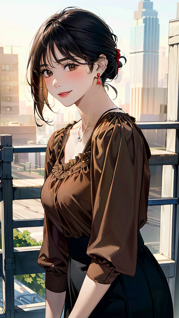 (masterpiece:1.3, highest quality, Ultra-high resolution, Super detailed), (Realistic, photoRealistic:1.4), Beautiful illustrations, Perfect lighting, colorful, Depth of written boundary,
Beautiful detailed hair, Beautifully detailed face, Beautiful fine details, Beautiful clavicle, Beautiful body, Beautiful breasts, Beautiful thighs, Beautiful feet, Beautiful fingers,
View Viewer, Front view:0.6, 1 girl, Japanese, Female college student, Perfect Face, (Perfect Anatomy, Anatomically correct), Cute and symmetrical face, Baby Face, , Shiny skin,
((Brown blouse:1.4, Black long skirt:1.4)),
(Black Hair, Updo Hair:1.4), Brown eyes, Long Eyelashes, (Medium chest), thin,
necklace, Earrings,
(Beautiful views), evening, (city, cityscape in the distance), Are standing, (Place your hand on your chest), (Smile, Lips parted),